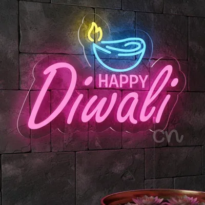 Custom Neon | Happy Diwali Neon Sign | 24x17 inch | Pink Blue Yellow
