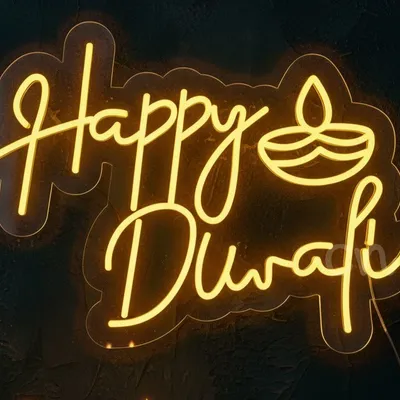 Custom Neon | Happy Diwali Neon Sign with Diya Lamp Outline and Festive Script Design |Efficient LED Decorative Wall Light for Homes,Temples, Restaurants, and Event Venues | 24x17 inch | Yellow