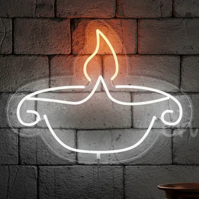 Custom Neon | Traditional Diya Lamp Neon Sign | 23x18 inch | Orange White