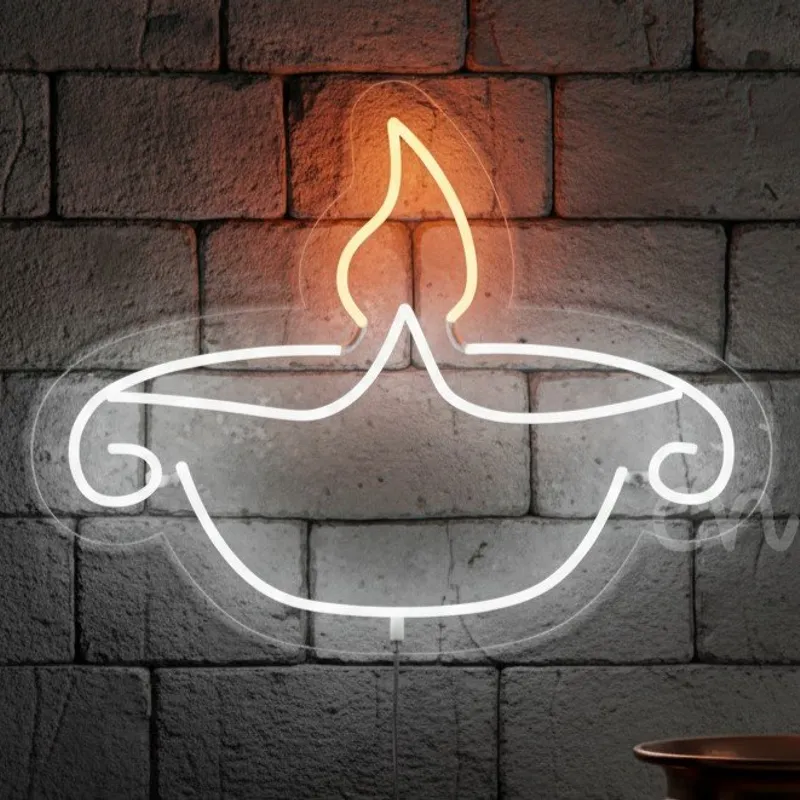 Custom Neon | Traditional Diya Lamp Neon Sign | 23x18 inch | Orange White