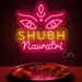 Custom Neon | Shubh Navratri Neon Sign with Goddess Eyes and Script Design | Energy-Efficient LED Decorative Wall Light for Festivals and Events | 24x24 inch | Yellow Pink 1