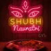 Custom Neon | Shubh Navratri Neon Sign with Goddess Eyes and Script Design | Energy-Efficient LED Decorative Wall Light for Festivals and Events | 24x24 inch | Yellow Pink 2