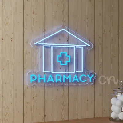 Custom Neon | Pharmacy Neon Sign with Medical Building and Cross Outline | Energy-Efficient and Durable LED Wall Light | Healthcare Decor for Pharmacies, Clinics,& Wellness Stores | 18x22 | Blue