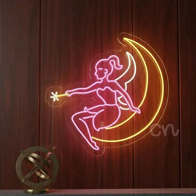 Custom Neon | Neon Flex Fairy on Crescent Moon with Wand | Premium LED Pink Yellow Wall Art | 30x30 | Glowing Moon Fairy Sign, Plug-in Neon Flex Design, Bedroom Party Home Fairy Decor