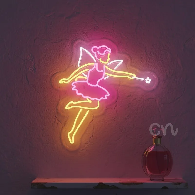 Custom Neon | Neon Flex Dancing Fairy with Magic Wand | Premium LED Pink Yellow Wall Art | 23x25