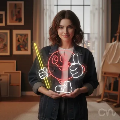 Custom Neon | Cartoon Character with Bat Neon Sign | 26x28 | Hot Pink and Yellow