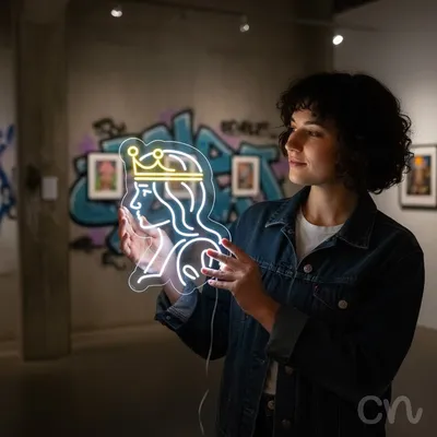 Custom Neon | Queen with Crown Neon Sign | 30x22 Inches | Warm Yellow Neon Sign