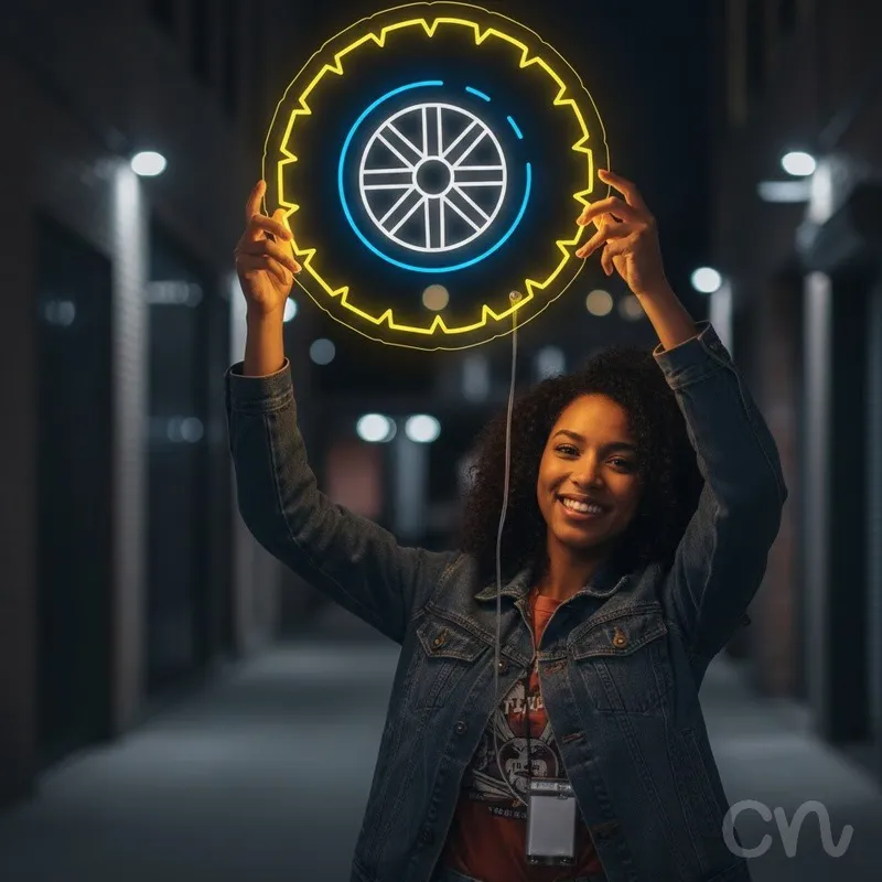 Custom Neon | Tire Design Neon Sign | 27x27 | Yellow and Blue Colors for Garage Decor