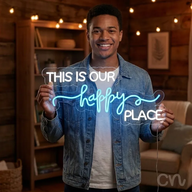 Custom Neon | This is Our Happy Place Neon Sign | 30x14 | White and Blue