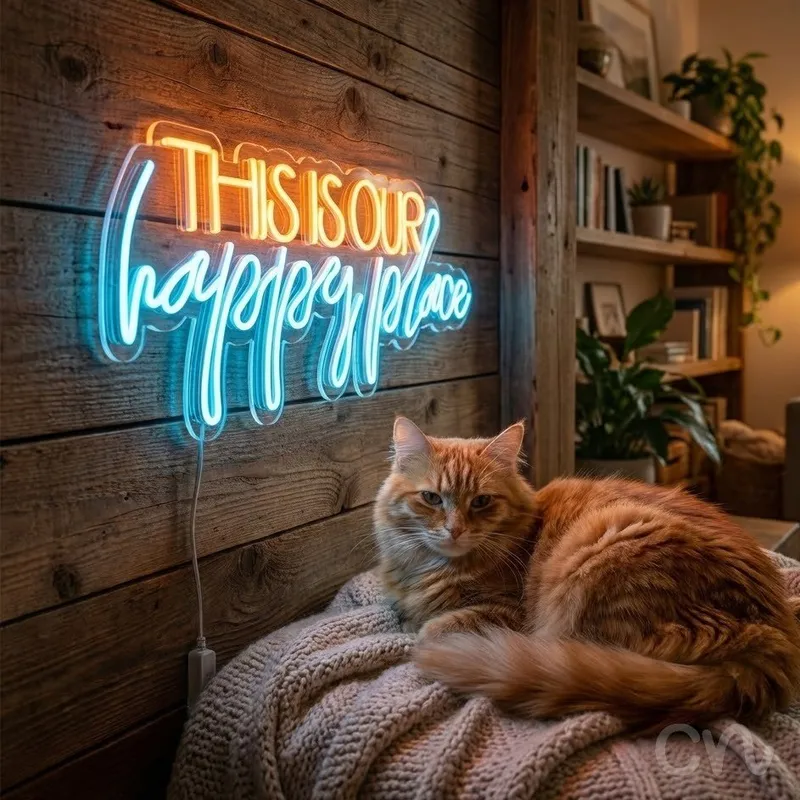 Custom Neon | This is Our Happy Place Neon Sign | 30x14 | Orange and Blue