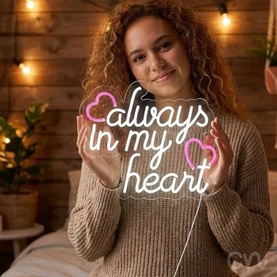 Custom Neon | Always in My Heart Neon Sign | 24x20 | Warm White and Hot Pink