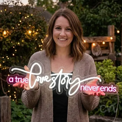 Custom Neon | A True Love Story Never Ends Neon Sign | 30x9 | Warm White Hot Pink