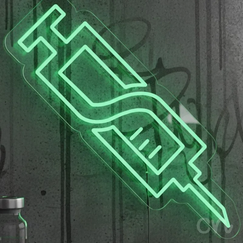 Custom Neon | Syringe Neon Sign | 22x21 | Green Light for Medical Clinics and Gifts