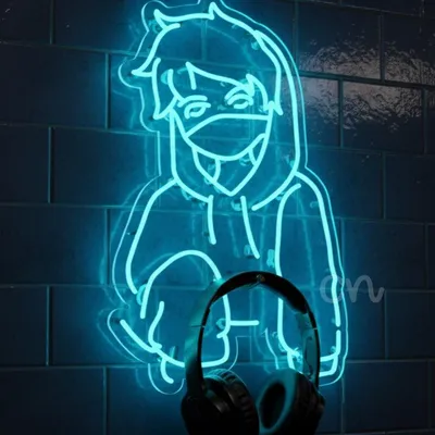 30x19 Inch Blue Anime Neon Sign – LED Wall Light Decor of Anime Character in Hoodie and Mask for Bedroom, Gaming Room, Dorm, Bar, Man Cave, or Studio – Cool Otaku Gift for Fans, Gamers, and Collectors