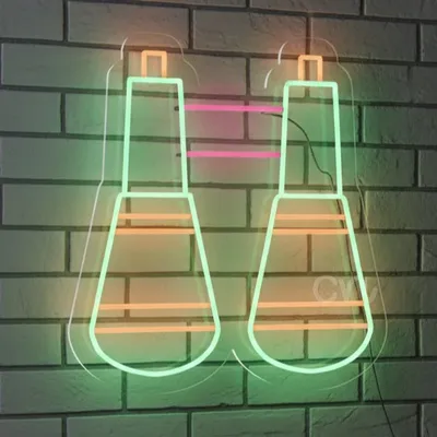 Custom Neon | Laboratory Beaker Pair LED Neon Sign for Science Classrooms, Study Rooms, Labs, Events, and Modern Decorative Interiors | 24x22 | Green, Orange, Pink