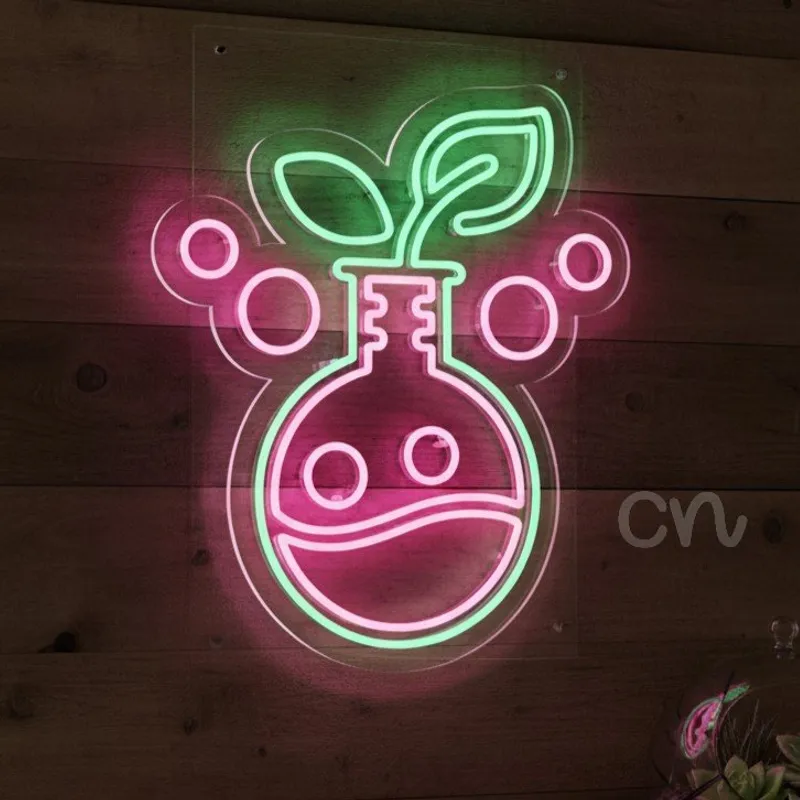 Custom Neon | Plant in Science Flask Neon Sign with Bubbles | 24x20 in | Pink and Green
