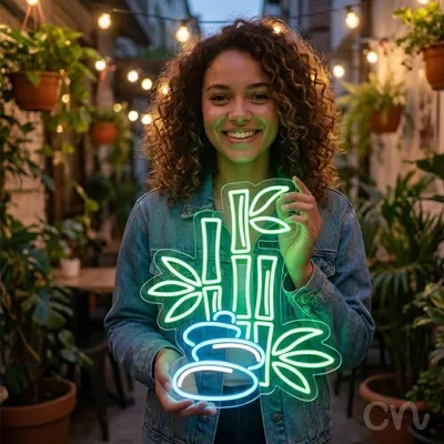 Custom Neon | Bamboo and Stones Neon Sign | 24x21 Inches | Green and Light Blue