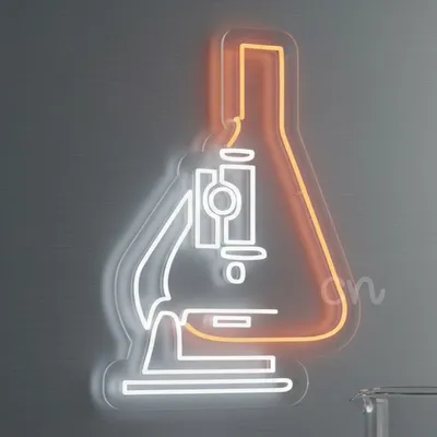 Custom Neon | Microscope and Flask Neon Sign | Energy-Efficient LED Wall Light for Labs, Study Rooms, Events and Home Decor | 30x21 | White and Orange