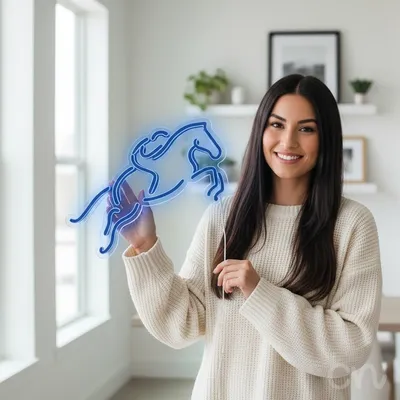 Custom Neon | Horse and Rider Neon Sign | 22x24 | Ice Blue Neon Sign for Wall Decor