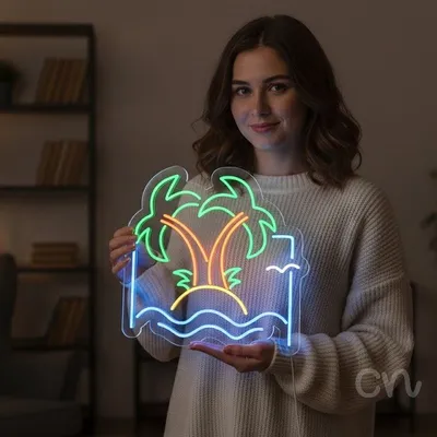 Custom Neon | Palm Trees on Island Neon Sign | 24x24 | Green Orange Blue Yellow White