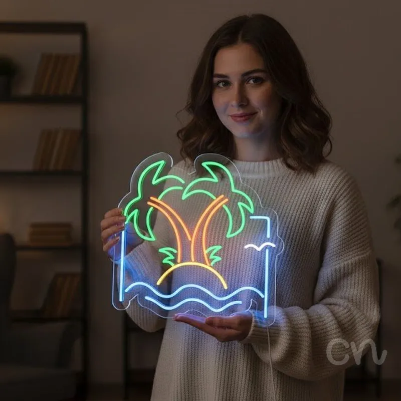 Custom Neon | Palm Trees on Island Neon Sign | 24x24 | Green Orange Blue Yellow White