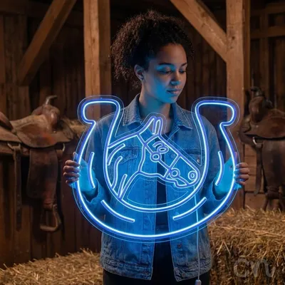 Custom Neon | Horse Head in Horseshoe Neon Sign | 24x25 | Ice Blue