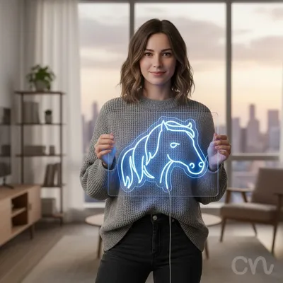 Custom Neon | Horse Head Neon Sign | 21x24 Inch | Ice Blue Neon Light