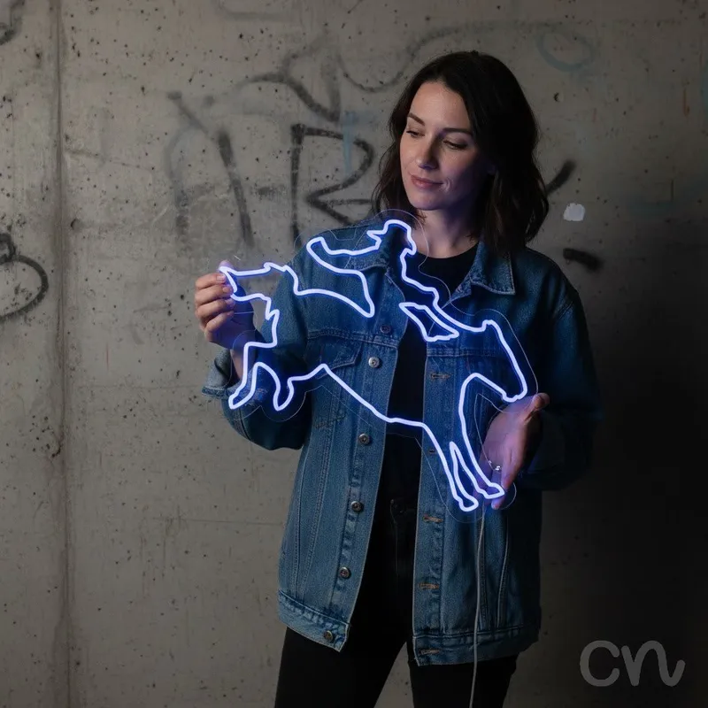 Custom Neon | Cowboy on Horse Neon Sign | 24x25 | Blue Neon Sign for Western Decor
