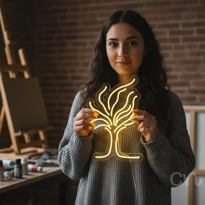 Custom Neon | Tree Design Neon Sign | 24x16 | Yellow Neon Sign for Home Decor