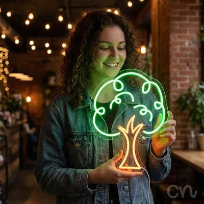 Custom Neon | Tree Design Neon Sign | 24x18 | Green, Orange Neon Sign for Home Decor