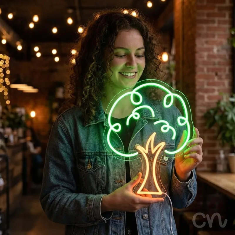 Custom Neon | Tree Design Neon Sign | 24x18 | Green, Orange Neon Sign for Home Decor