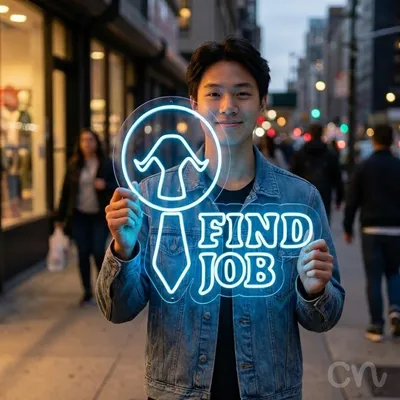 Custom Neon | Find Job Neon Sign | 24x24 | Ice Blue Neon Sign for Office or Home Decor