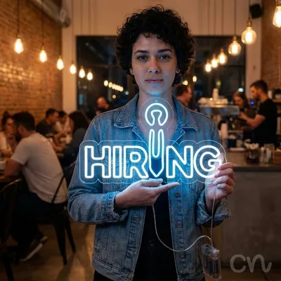 Custom Neon | Hiring Neon Sign | 14x24 | Ice Blue Light Sign for Business and Decor