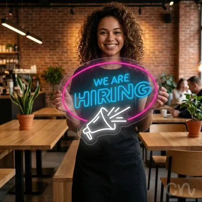 Custom Neon | We Are Hiring Neon Sign | 20x24 | Ice Blue, Hot Pink, White