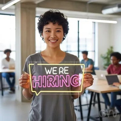 Custom Neon | We're Hiring Neon Sign | 13x24 | White Pink Yellow Bright Wall Decor