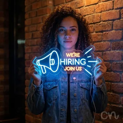 Custom Neon | We Are Hiring Join Us Neon Sign | 12x25 | Orange Light Blue