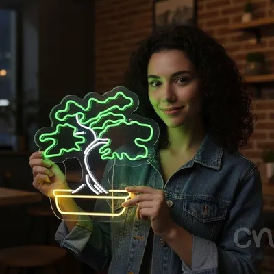 Custom Neon | Bonsai Tree Neon Sign | 24x24 | Green Yellow Illuminated Artwork