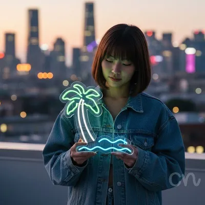 Custom Neon | Palm Tree and Waves Neon Sign | 23x24 | Neon Green and Light Blue