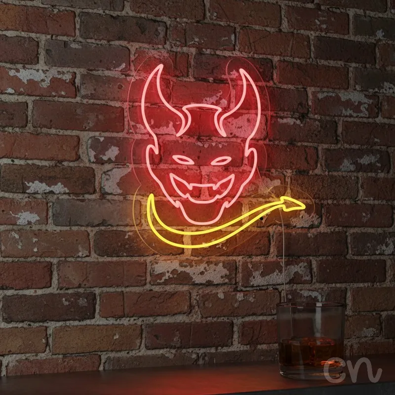 Custom Neon | Demon Face Neon Sign | 25x24 Inches | Red and Yellow Neon Sign
