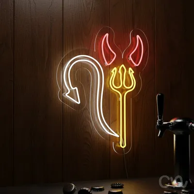 Custom Neon | Devil Tail with Trident Neon Sign | 32x24 | Red, Yellow, White