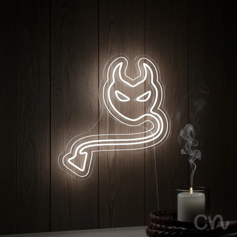 Custom Neon | Devil Face with Tail Neon Sign | 24x22 Inches | White Neon Sign