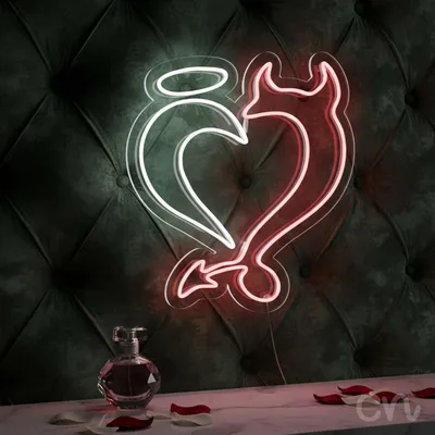 Custom Neon | Angel and Devil Heart Neon Sign | 26x23 | Hot Pink and Warm White