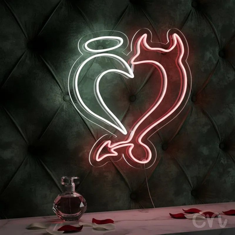 Custom Neon | Angel and Devil Heart Neon Sign | 26x23 | Hot Pink and Warm White