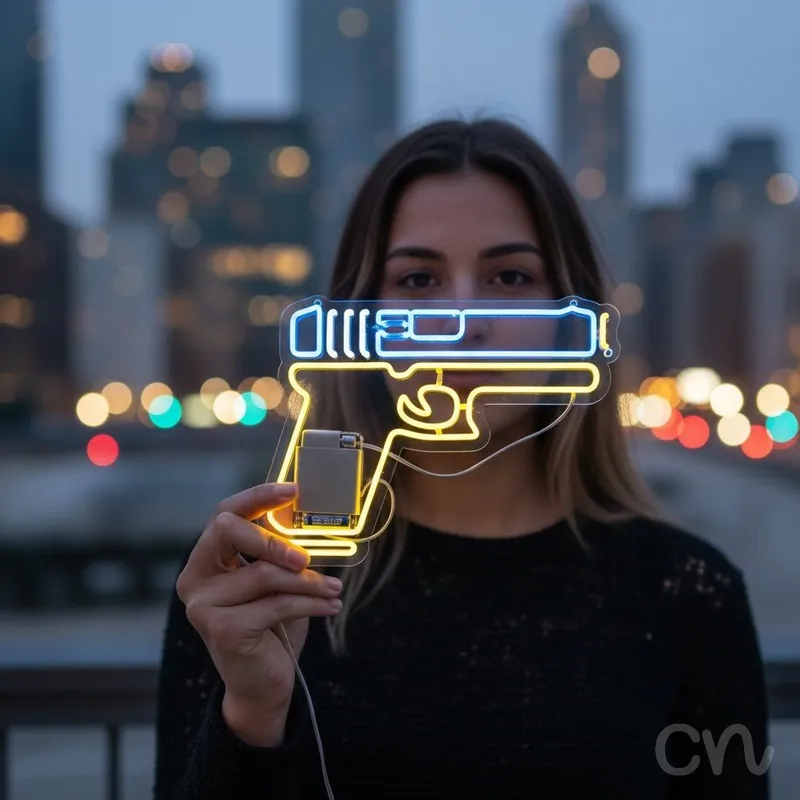 Custom Neon | Pistol Design Neon Sign | 18x24 | Yellow and Light Blue
