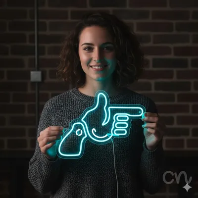 Custom Neon | Pointing Hand Neon Sign | 18x24 | Ice Blue Neon Sign for Decor