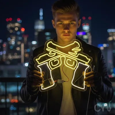 Custom Neon | Crossed Pistols Neon Sign | 24x27 | Yellow Neon Sign for Bar Man Cave