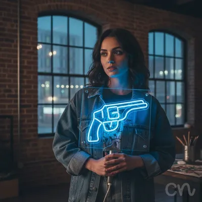 Custom Neon | Pistol Neon Sign | 24x15 | Bright Blue Neon Sign for Room Bar Man Cave