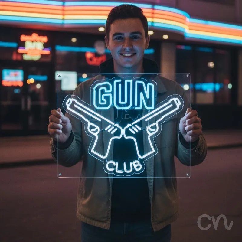Custom Neon | Gun Club Neon Sign | 20x24 | Ice Blue Warm White Light
