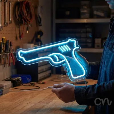 Custom Neon | Pistol Design Neon Sign | 17x24 | Ice Blue Neon Sign for Home Bar**