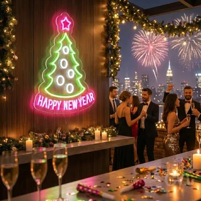 Custom Neon | Happy New Year Neon Sign | 21x16 Inches | Pink Green Neon Sign